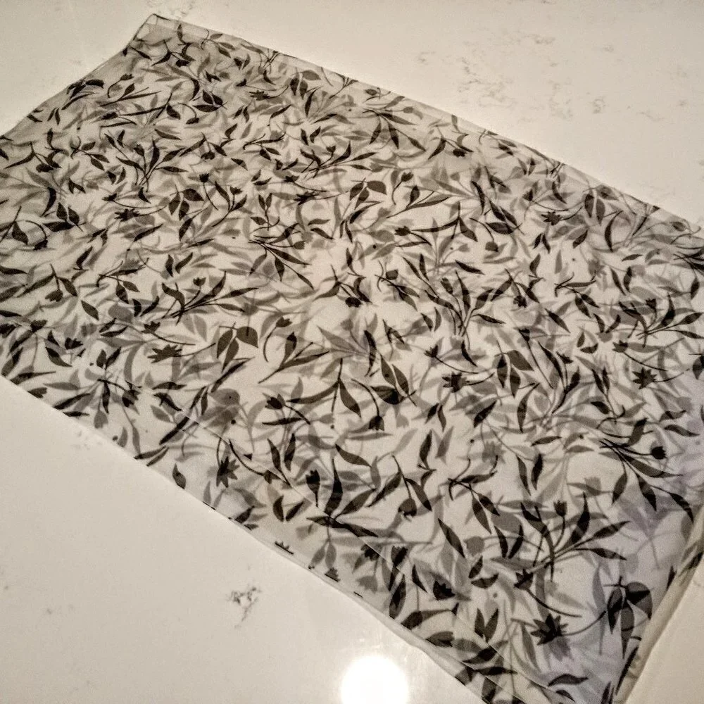 Chinese Tissue Silk B&W Leaf Print Oblong Scarf